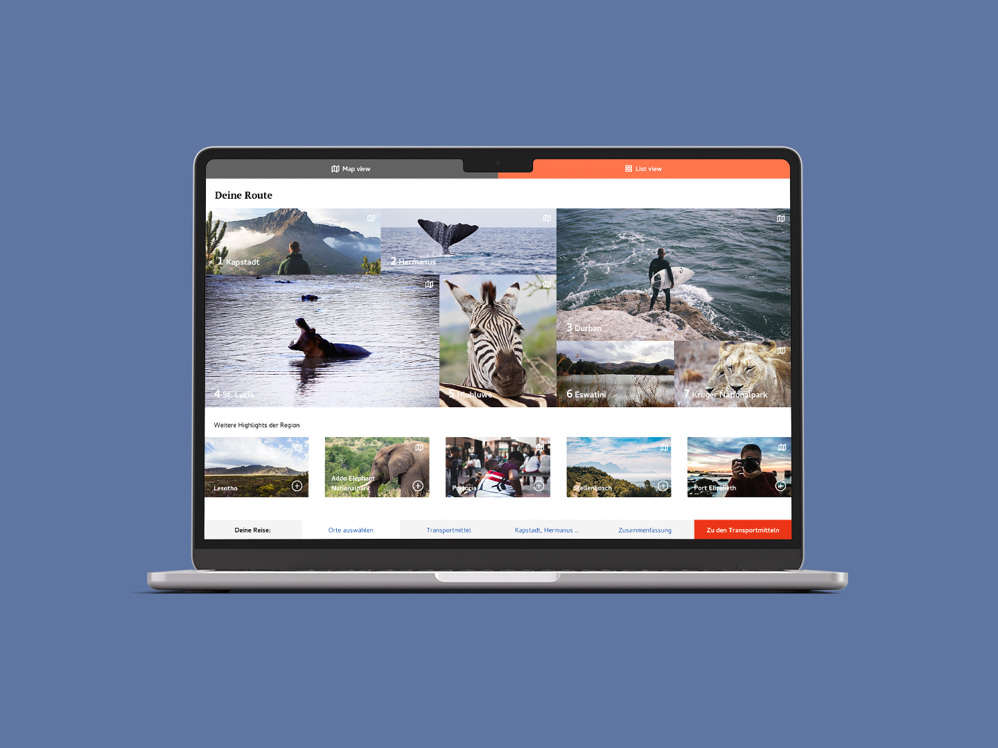 Macbook showing a screen of an overview for a south africa journey with images